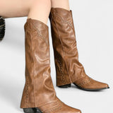 Pointed Toe High Heeled Boots with Vintage Metallic Accents in Brown