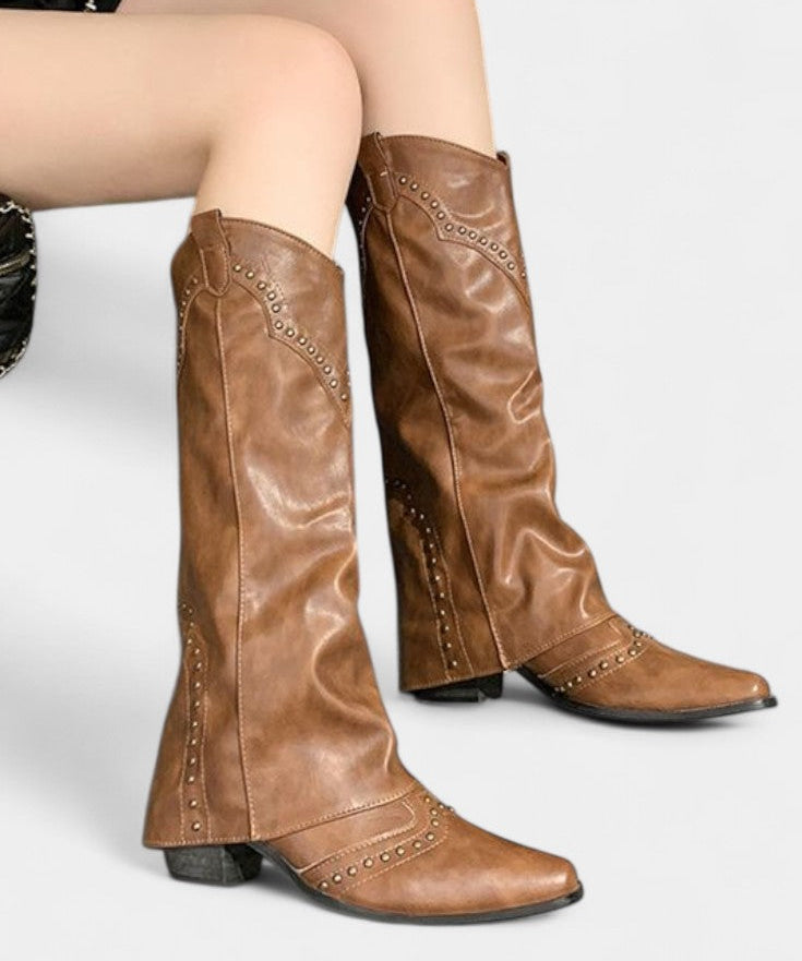 Pointed Toe High Heeled Boots with Vintage Metallic Accents in Brown