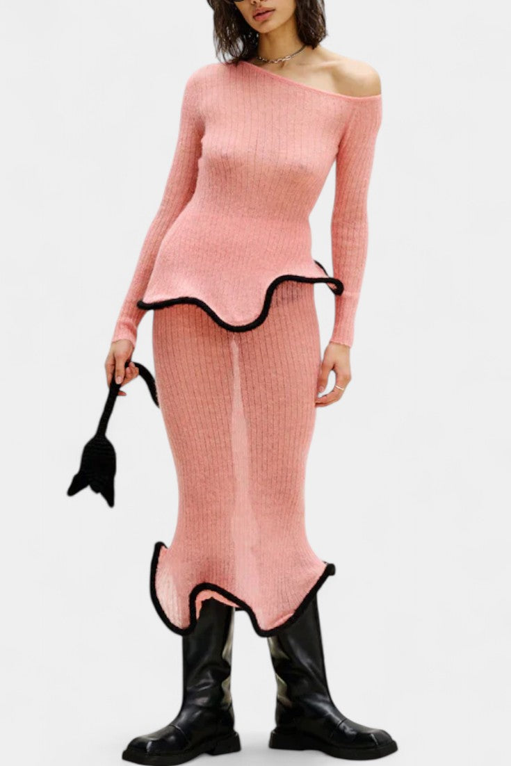 Asymmetric Knit Set with Shimmer Midi Skirt in Pink