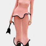 Asymmetric Knit Set with Shimmer Midi Skirt in Pink