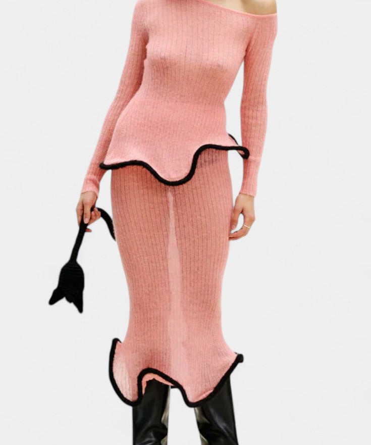 Asymmetric Knit Set with Shimmer Midi Skirt in Pink