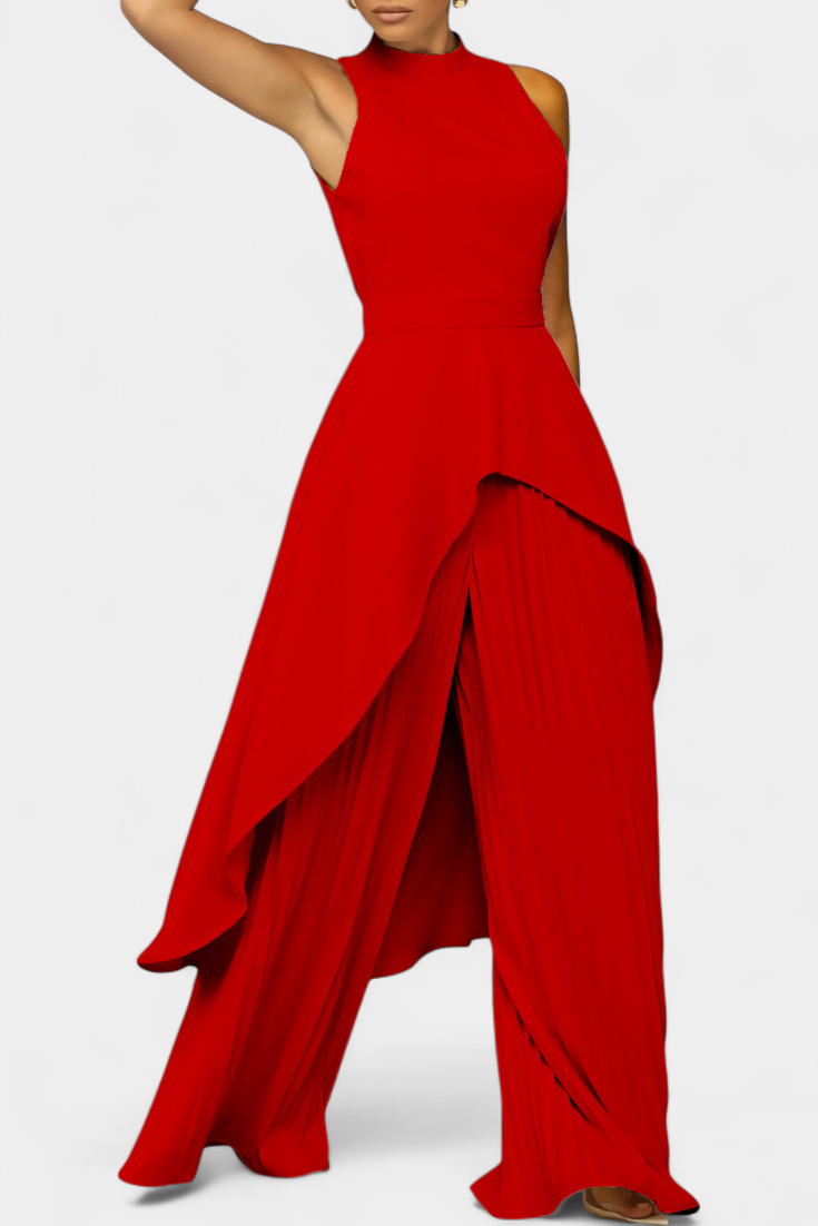 Asymmetrical Sleeveless Outfit with Pleated Pants in Red
