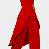 Asymmetrical Sleeveless Outfit with Pleated Pants in Red