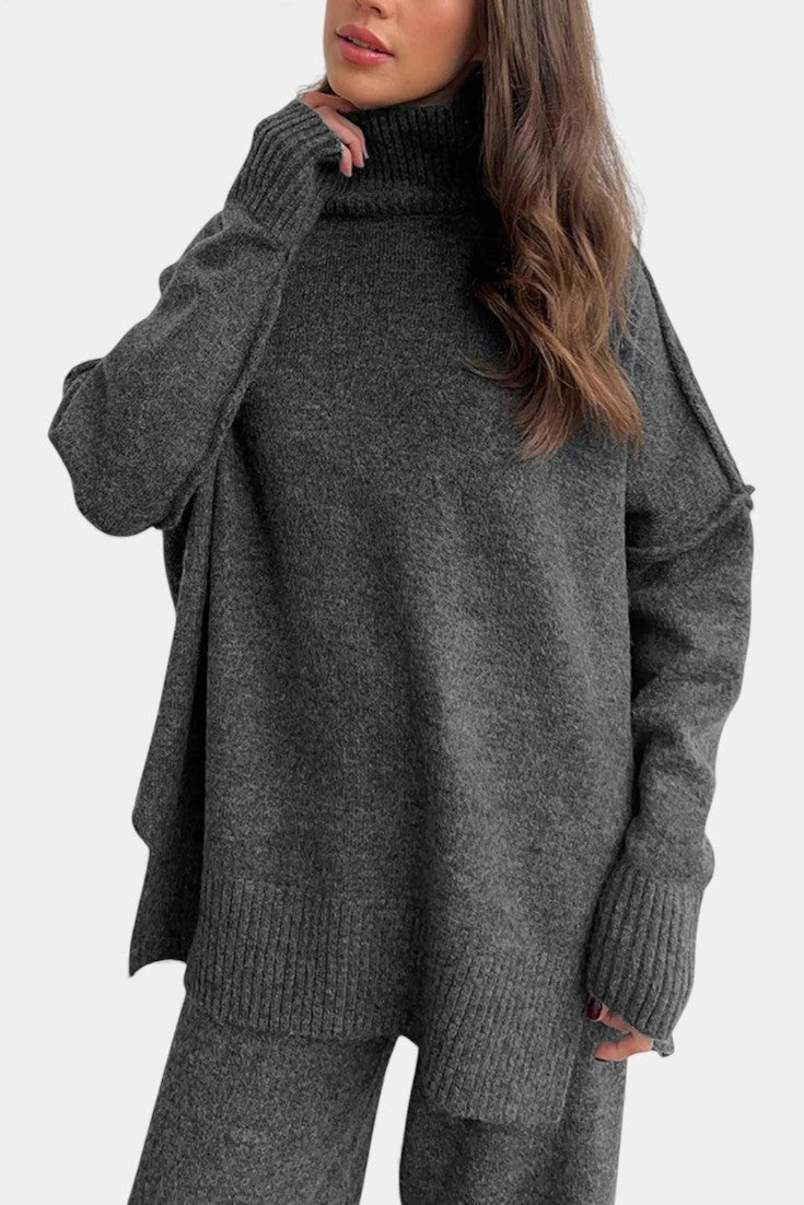 Turtleneck Knit Set with Wide-Leg Pants in Gray