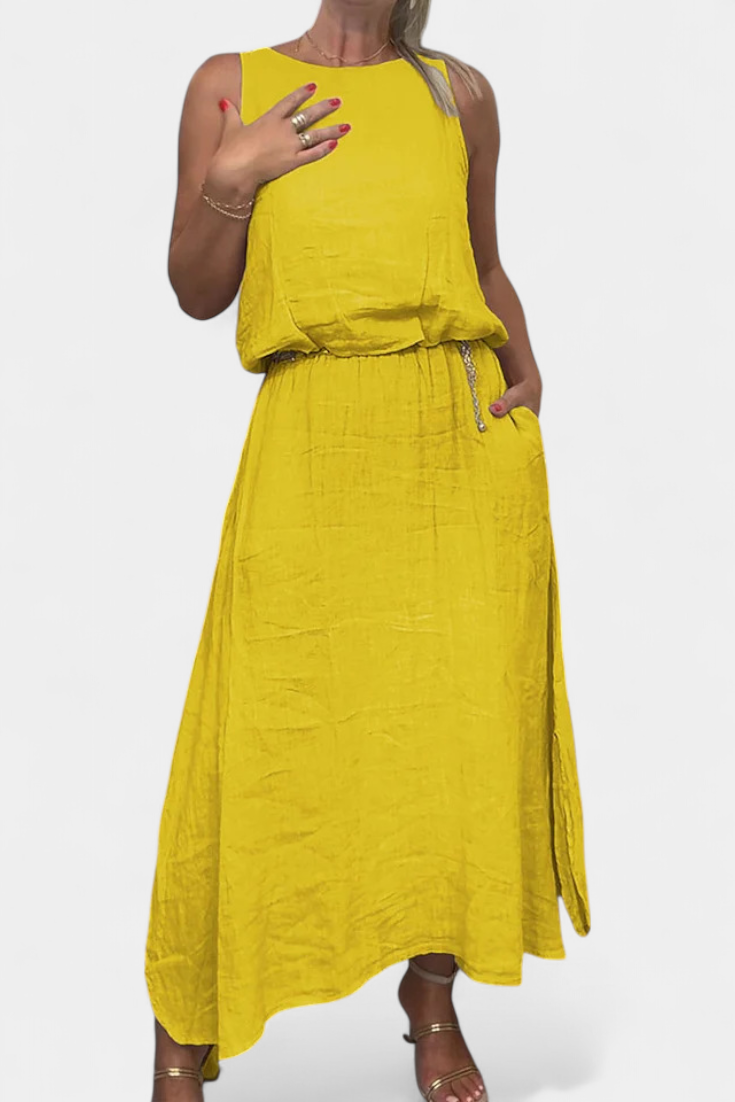 Linen-Cotton Set with Sleeveless Vest and Maxi Skirt in Yellow