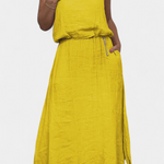 Linen-Cotton Set with Sleeveless Vest and Maxi Skirt in Yellow