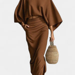 Long Sleeve Casual Ensemble with Flowing Maxi Skirt in Brown