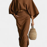 Long Sleeve Casual Ensemble with Flowing Maxi Skirt in Brown