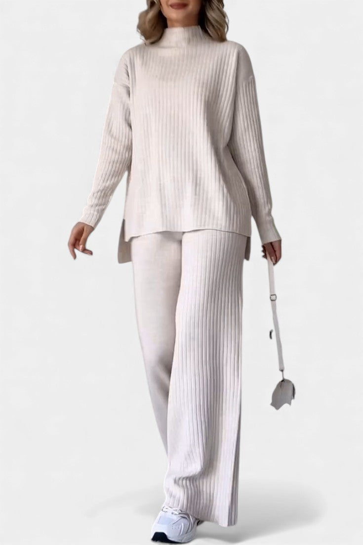 Stylish Casual Knit Set with Side Slit in Apricot