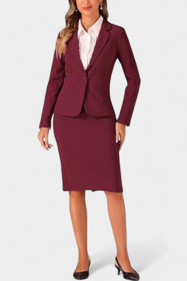 Chic Blazer and Pencil Skirt Ensemble with Notched Collar in Burgundy