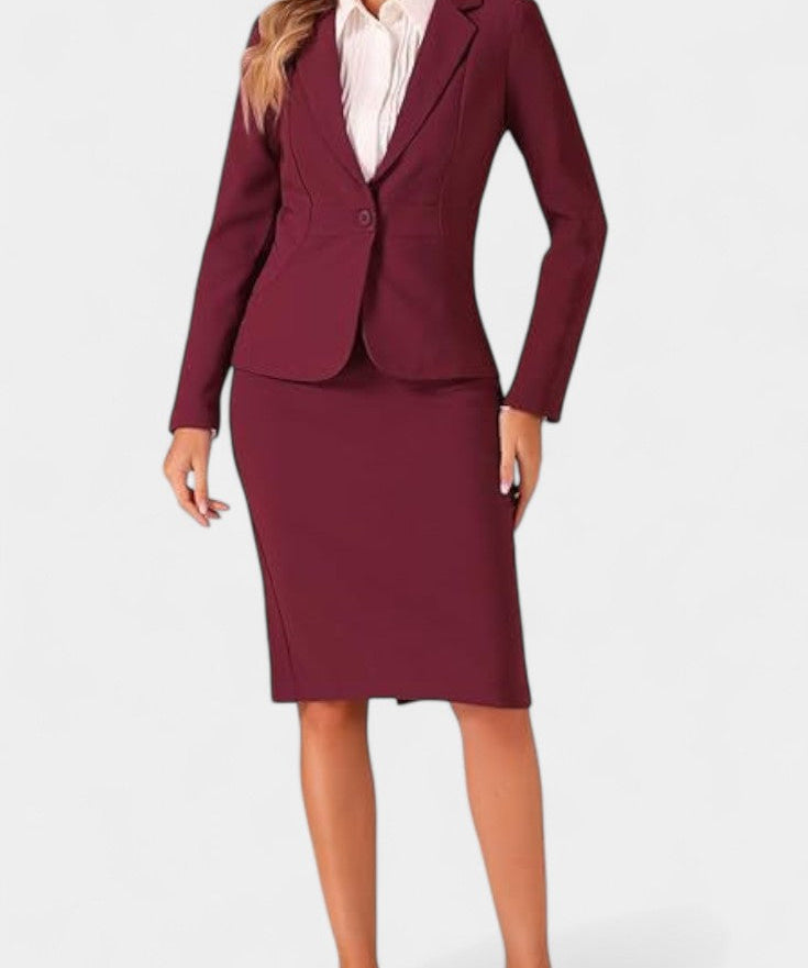 Chic Blazer and Pencil Skirt Ensemble with Notched Collar in Burgundy