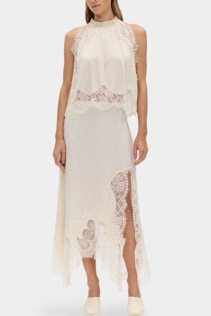 Women's Midi Lace Skirt with Matching Top in Beige