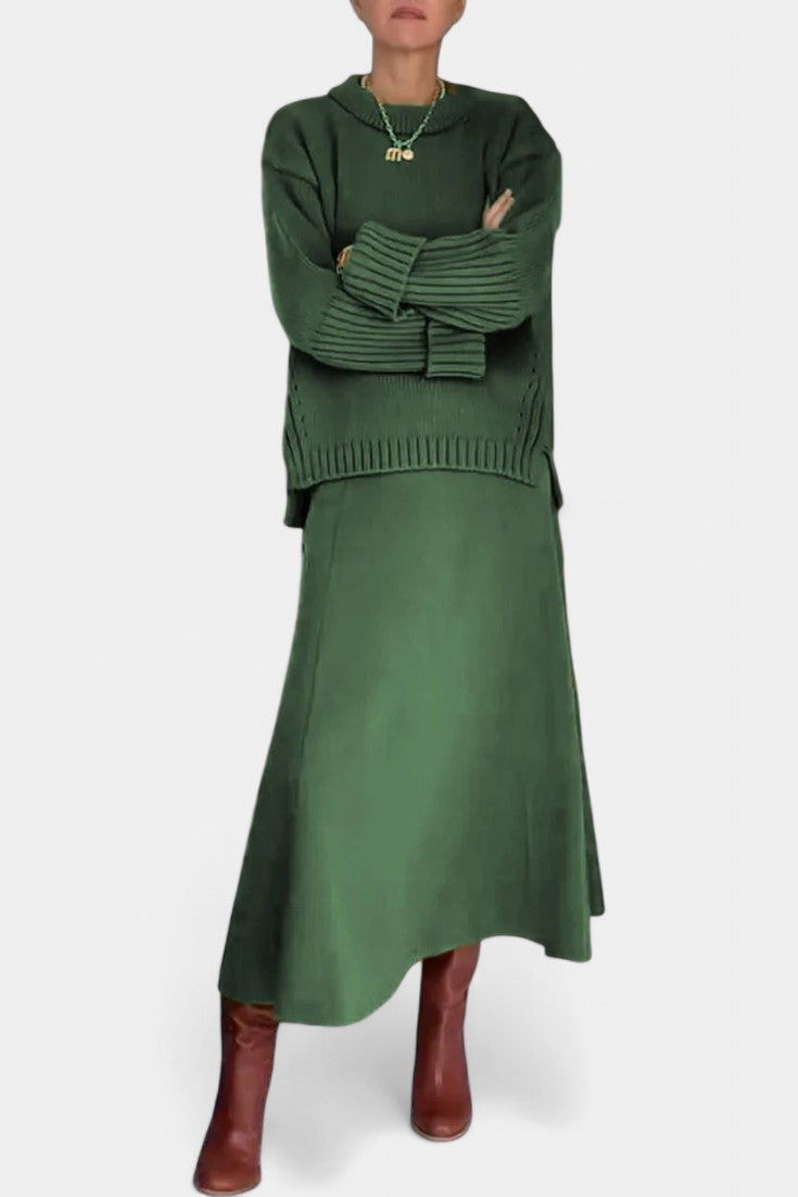 High Neck Sweater and Ribbed Maxi Skirt Set in Green