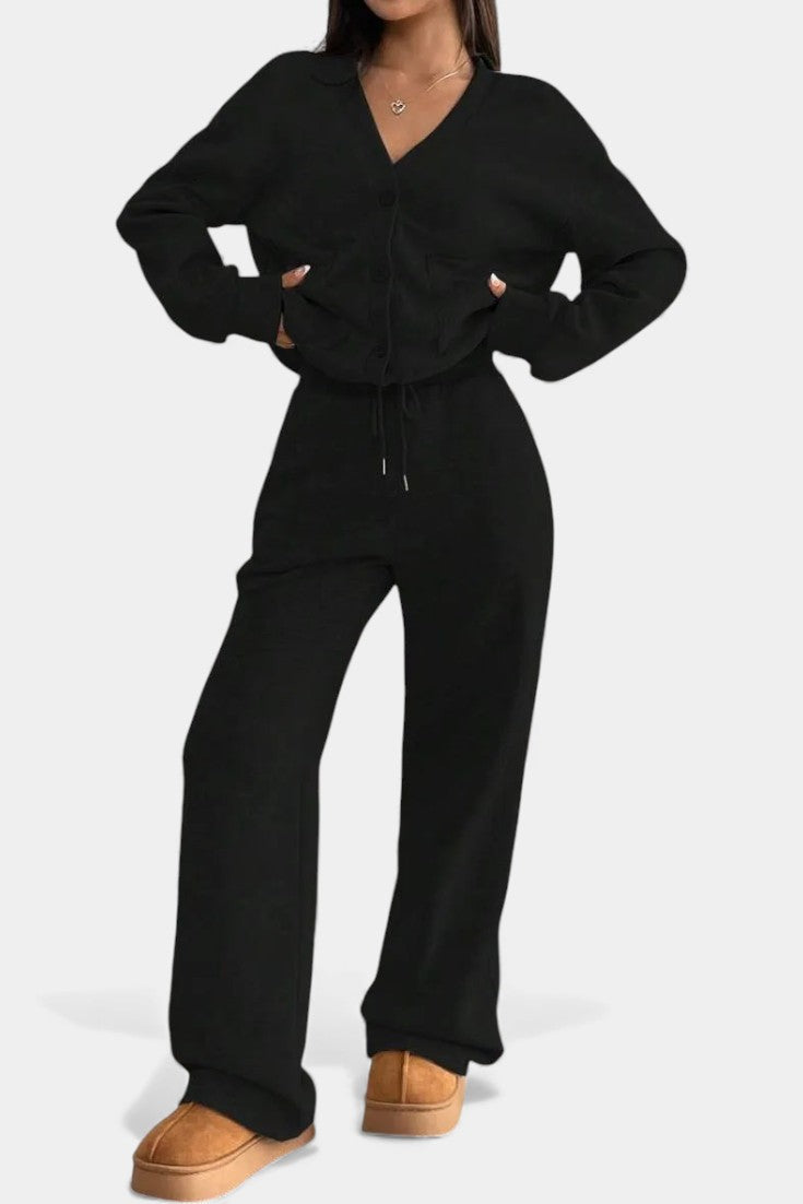 Cozy Cardigan Jacket & Wide-Leg Pants Set in Black