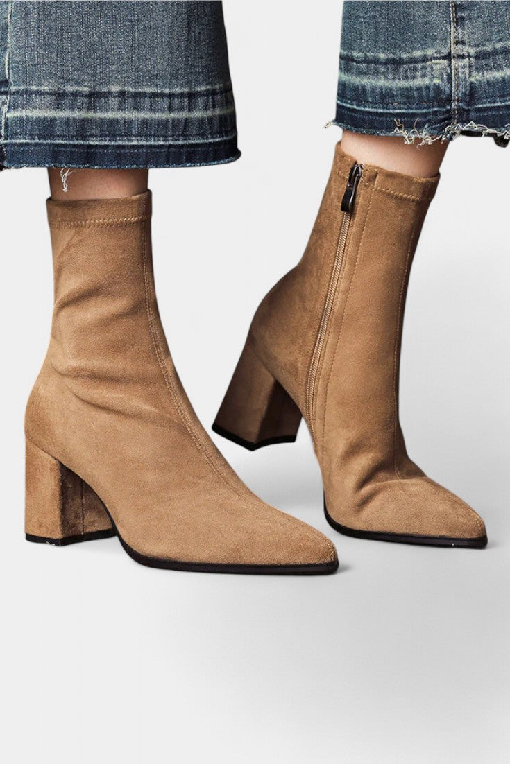 Pointed Toe Ankle Boots with Block Heel in Beige