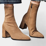 Pointed Toe Ankle Boots with Block Heel in Beige