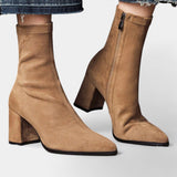 Pointed Toe Ankle Boots with Block Heel in Beige