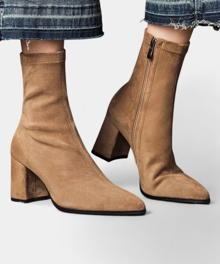 Pointed Toe Ankle Boots with Block Heel in Beige