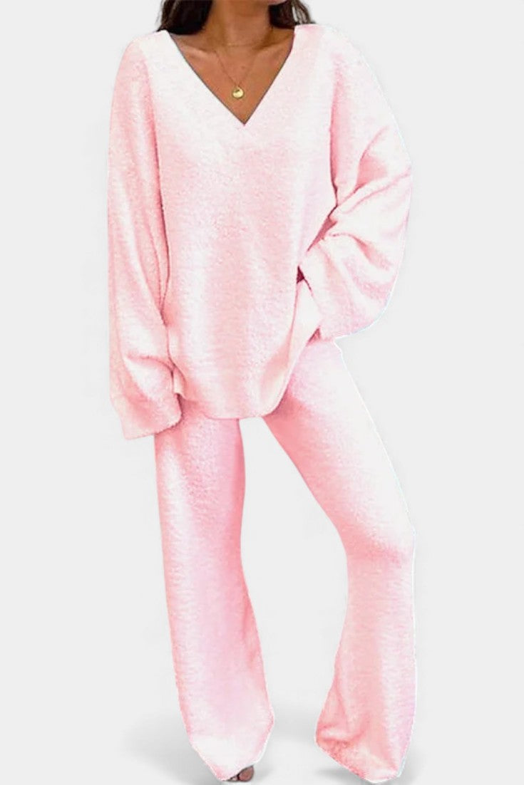 Women's Cozy V-Neck Two-Piece Daily Outfit in Pink