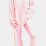 Women's Cozy V-Neck Two-Piece Daily Outfit in Pink