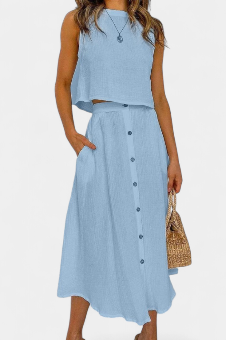 Cotton Button-Detail Midi Skirt Set in Blue