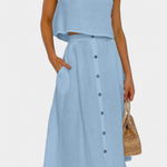 Cotton Button-Detail Midi Skirt Set in Blue