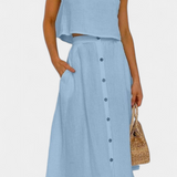 Cotton Button-Detail Midi Skirt Set in Blue
