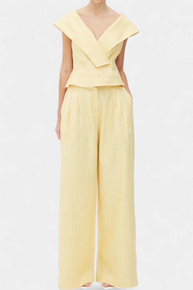 Ensemble Structured Top with Wrap Neck and Palazzo Pants in Yellow