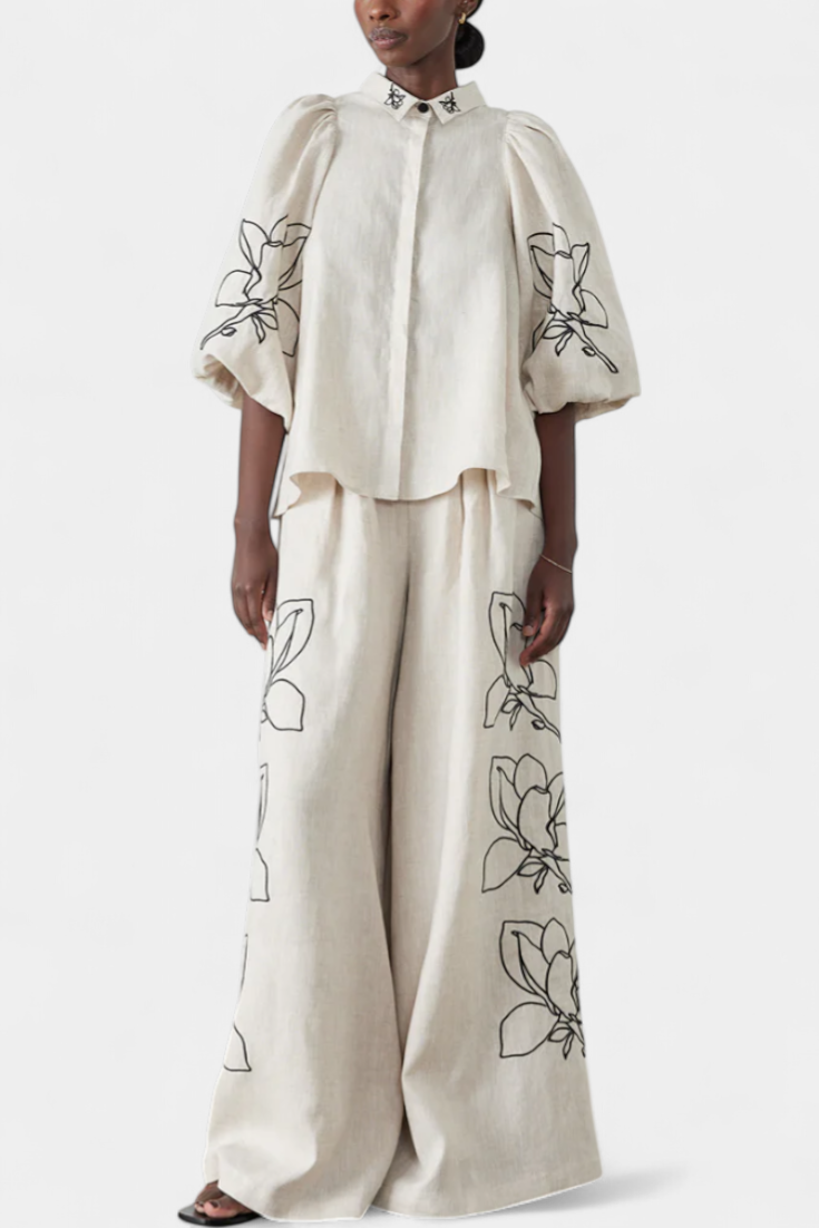 Puff Sleeve Blouse & Wide-Leg Floral Linen Pants Set in White