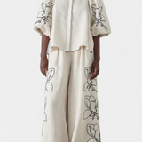Puff Sleeve Blouse & Wide-Leg Floral Linen Pants Set in White