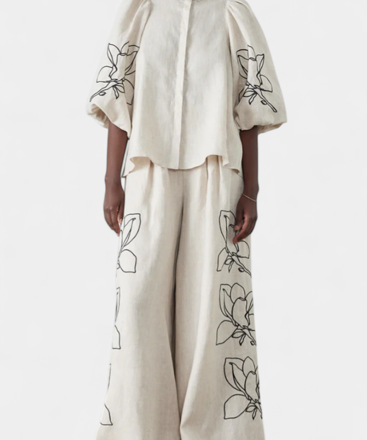 Puff Sleeve Blouse & Wide-Leg Floral Linen Pants Set in White
