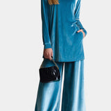 Women's Velvet High Neck Split Jumpsuit in Blue