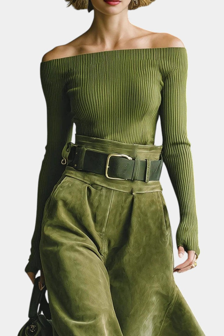 Olive Off-the-Shoulder Top with Midi Suede Skirt Ensemble, photo 2