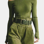 Olive Off-the-Shoulder Top with Midi Suede Skirt Ensemble, photo 2