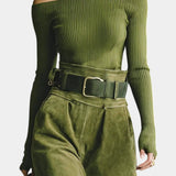 Olive Off-the-Shoulder Top with Midi Suede Skirt Ensemble, photo 2