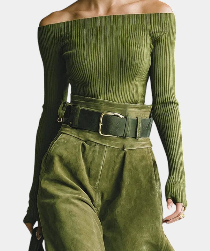 Olive Off-the-Shoulder Top with Midi Suede Skirt Ensemble, photo 2