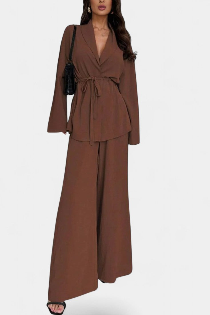 Women's V-Neck Blazer and Flared Pants Set in Brown