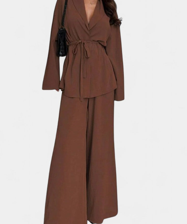 Women's V-Neck Blazer and Flared Pants Set in Brown