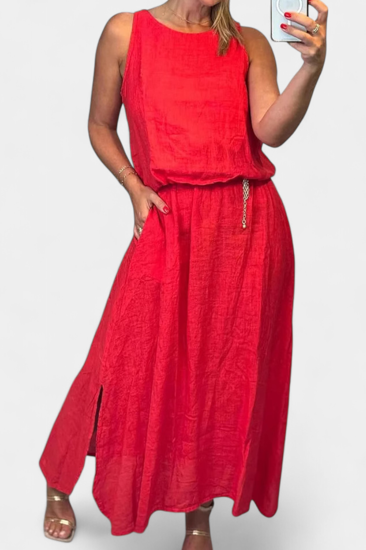 Linen-Cotton Set with Sleeveless Vest and Maxi Skirt in Red