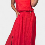 Linen-Cotton Set with Sleeveless Vest and Maxi Skirt in Red