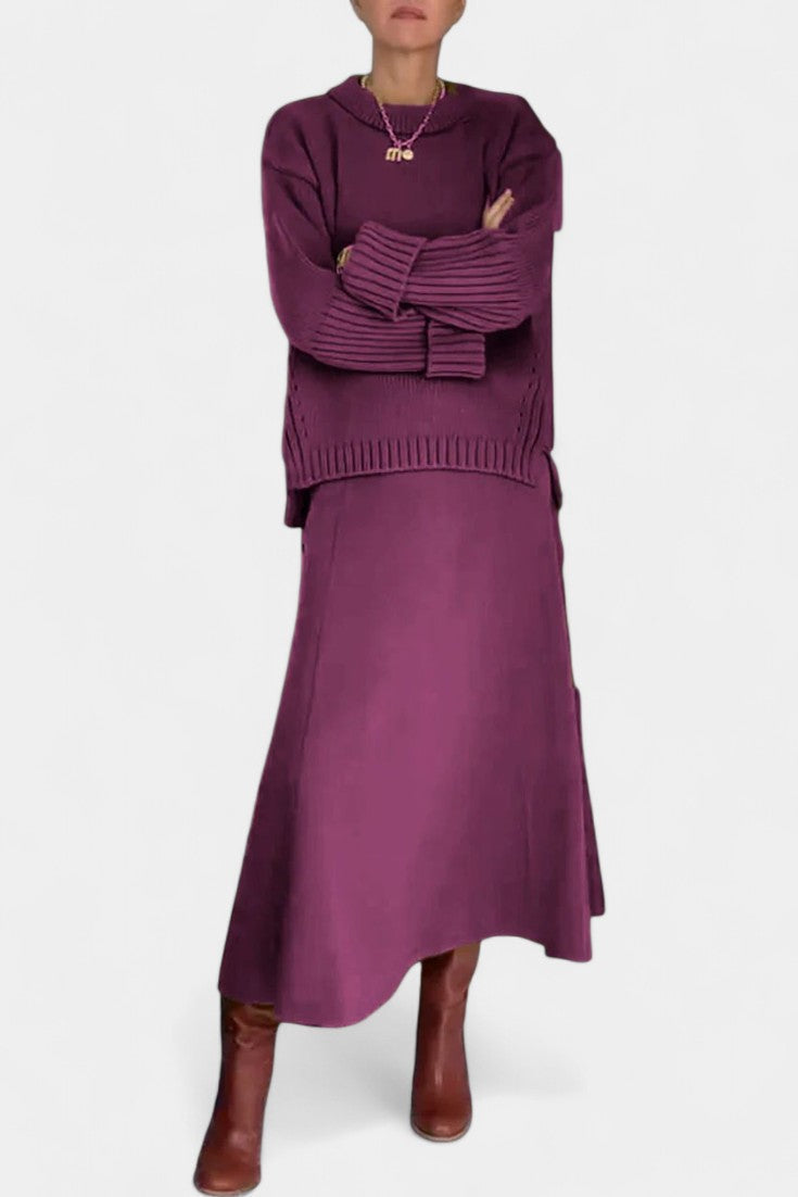 High Neck Sweater and Ribbed Maxi Skirt Set in Purple