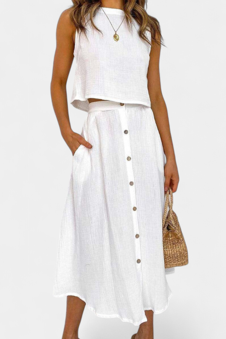 Cotton Button-Detail Midi Skirt Set in White