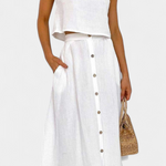 Cotton Button-Detail Midi Skirt Set in White