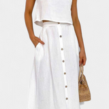 Cotton Button-Detail Midi Skirt Set in White