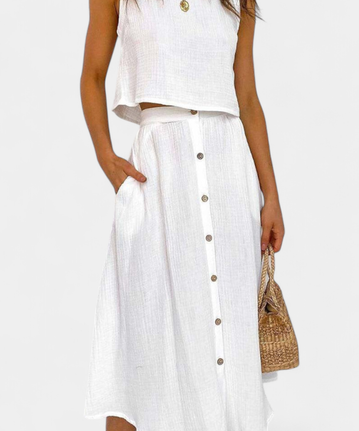 Cotton Button-Detail Midi Skirt Set in White