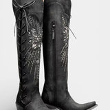 Vintage Western Lace-Up Boots with Embroidery in Black