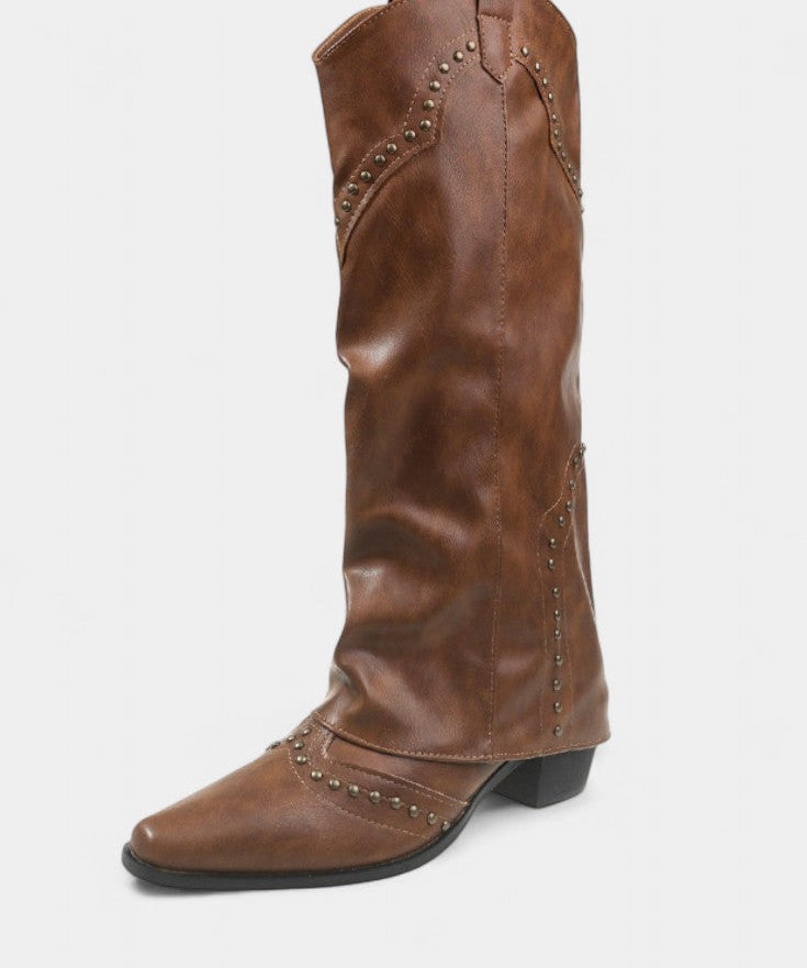Pointed Toe High Heeled Boots with Vintage Metallic Accents, photo 2
