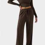Elastic-Fit Viscose Yoga Set with Round Neck in Brown