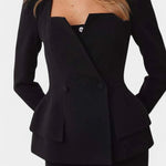 Blazer Set with Square Collar and Flowing Long Skirt in Black