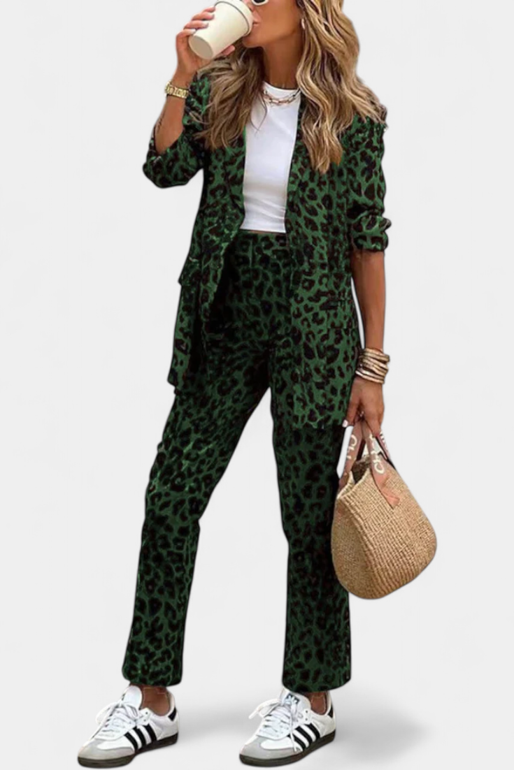 Tailored Blazer with High-Waisted Leopard Print Pants in Green